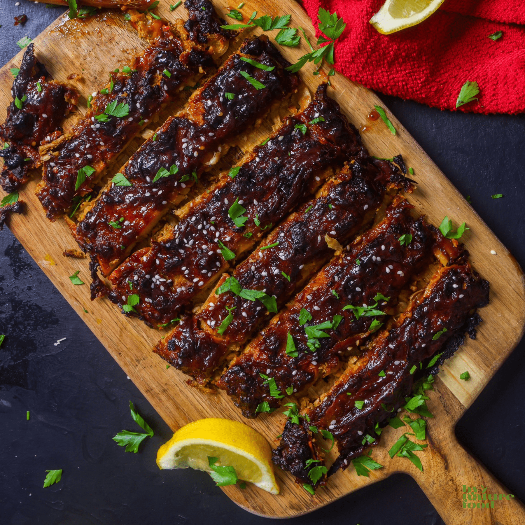 elicious Vegan BBQ Ribs served with garnish